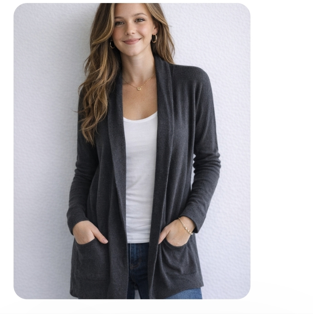 Debbie Morgan Black Open Front Cardigan Small Lightweight Long Sleeve Pockets